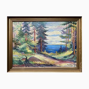Paul Fureby, Pine Trees with a Coastal View, 1960s, Oil on Canvas, Framed