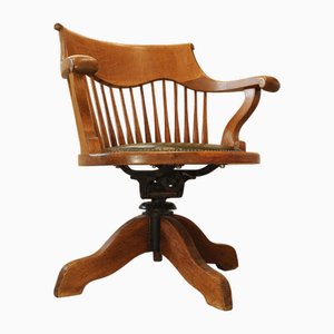 Victorian Oak Revolving Spindleback Desk Chair with Racing Green Leather Seat, 1890s