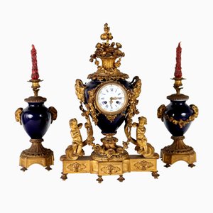 Trittico Orologio Bardon in bronzo dorato e porcellana, set di 3