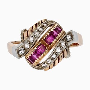 Red Gems White Stones 18 Karat Rose Gold Domed Ring, 1950s