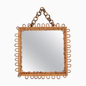 Mid-Century French Riviera Square Bamboo and Curved Rattan Mirror, Italy 1960s