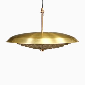 Lampada a sospensione in vetro zigrinato e ottone, anni '50 Lampada a sospensione in vetro zigrinato e ottone, anni '50