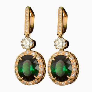 Gold Earrings with Diamonds and Tourmalines, 2000s, Set of 2