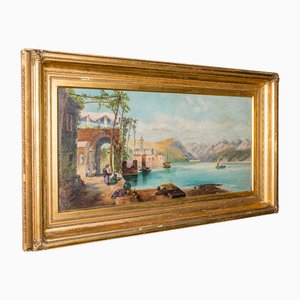 Artista de la escuela continental, pintura de paisaje junto al lago, siglo XIX, óleo sobre lienzo