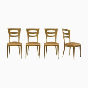 Italian Sculptural Wood & Pink Velvet Dining Chairs, 1940s, Set of 4