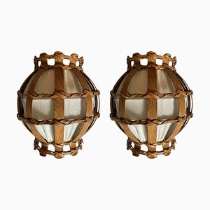 Große dänische Wandleuchten aus Holzfurnier & Stoff, 1970er, 2er Set