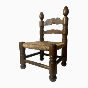 Wood Turned Bobbin Low Rush Chair in the style of Charles Dudouyt, France, 1950s