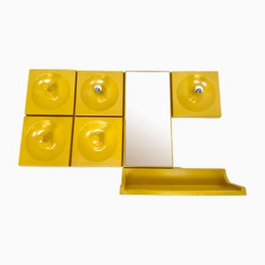 Space Age Illuminated Quadro Modular Wall Panel Coat Rack System with Mirror and Console by Jürgen Lange for Schönbuch, West Germany, 1960s, Set of 7