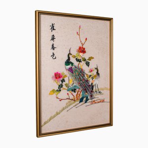Panneau d'Affichage Art Déco Vintage Paon Encadré en Soie et Coton, Corée, 1930s