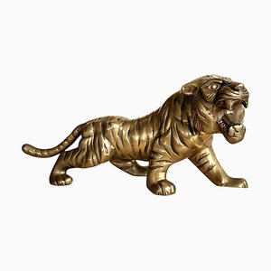 Scultura Mid-Century fatta a mano di una tigre in ottone, anni '70