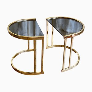Comodini Mid-Century semicircolari in ottone e vetro fumé, anni '70, set di 2