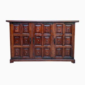 19th Century Spanish Baroque Carved Walnut Tuscan Three Doors Credenza or Buffet, 1890s