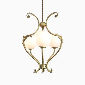 Antique Italian Brass and Opaline Chandelier