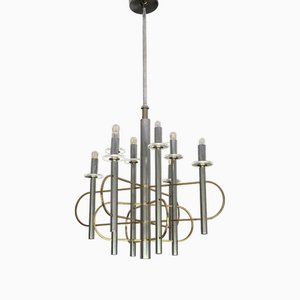 Lustre Sputnik en Laiton et Chrome attribué à Gaetano Sciolari, Italie, 1960