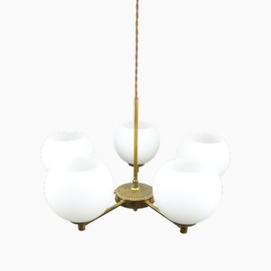 Mid-Century Italian Brass and Opaline Chandelier