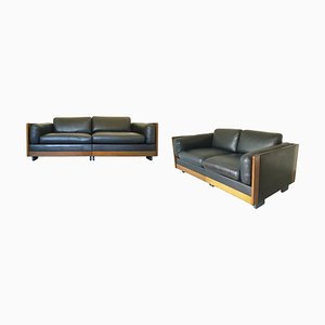 Set modularer Mod. 920 Sofas aus schwarzem Leder & Nussholz von Afra & Tobia Scarpa für Cassina, 1967