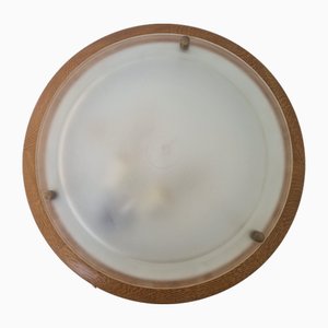 Large Flushmount Lamp in Oak and Glass from Hustadt Leuchten, 1970s