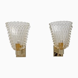 Applique Pulegoso Art Déco in ottone e vetro di Murano di Barovier & Toso, 1990, set di 2