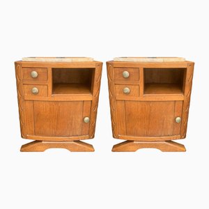 Art Deco Nightstands in Limed Oak with Carved Oak Marble Top, 1930s, Set of 2
