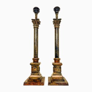 Heavy Faux Marble Iron Corinthian Style Column Table Lamps, 1960s, Set of 2