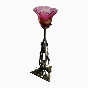 French Iron and Toleware Lamp with Ruby and Gold Leaf Glass Shade, 1890s