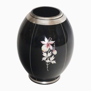 Bohemian Floral Orchid Black Glass Vase with Silver Plating, 1930s