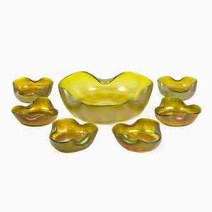 Art Nouveau Silberiris Fruit Bowl with 6 Small Serving Bowls from Loetz Witwe, 1910s
