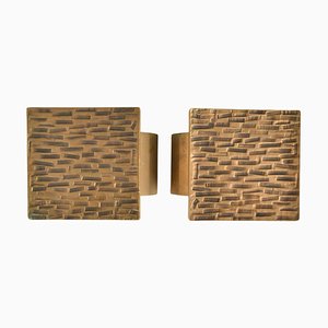 Brutalist Bronze Square Push Pull Door Handles with Embossed Relief, 1970s, Set of 2