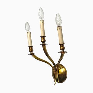 Modern Italian Three-Armed Decorated Brass Wall Light with Wooden Candles, 1970s