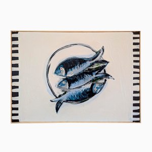 Fish on a Plate, 1950s, Acrylic on Canvas, Framed