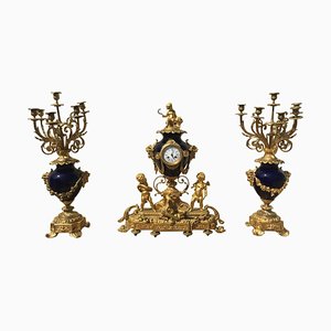 Set de Pendules de Cheminée Napoléon III en Bronze Doré et Porcelaine, 19ème Siècle, Set de 3