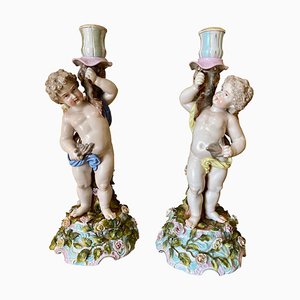 Venus & Cupid Porcelain Candlesticks from Sitzendorf, 19th Century, Set of 2
