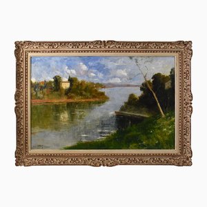 Costanzo Waldemaro Figlinesi, Landscape with River, Oil on Canvas, 1949, Framed