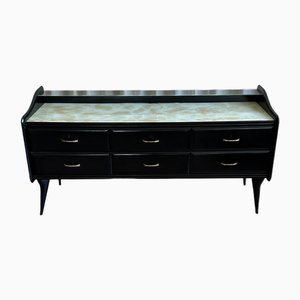Mid-Century Italian Black Lacquered Sideboard with Marble Pattern Glass Top, 1950s