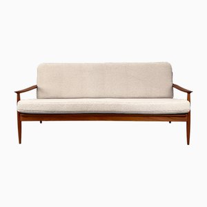 3-Seater Teak Sofa with Rattan Backrest & Bouclé Cover by Carl Straub / Goldfeder, Germany, 1960s