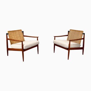 Set of Teak Armchairs with Rattan Backrests & Bouclé Covers by Carl Straub / Goldfeder, Germany 1960s