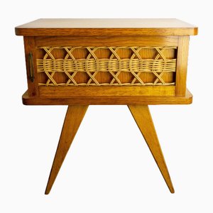 French Nightstands in Oak & Wicker with Compass Feet, 1950, Set of 2