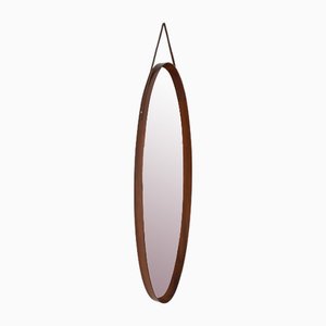 Mid-Century Italian Oval Mirror in Curved Teak and Leather, 1960s
