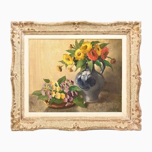 Gelbe und Rote Gerbera, Öl auf Leinwand, 20. Jh., Gerahmt