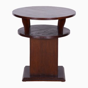 Art Deco Round Small Table in Oak, Veneer, Czech, 1920s