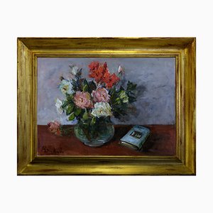 Gaetano Bocchetti, Natura morta con fiori e libro, Olio su tela, anni '70, con cornice