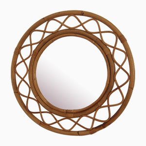 Miroir Mural Rond en Rotin, 1950s