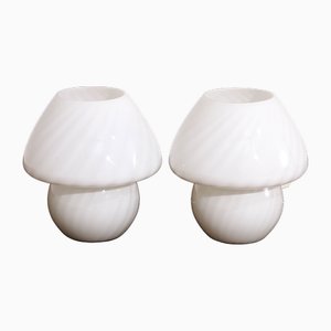 Vintage White Mushroom Lamps by Glashütte Limburg, Germany, 1960s, Set of 2