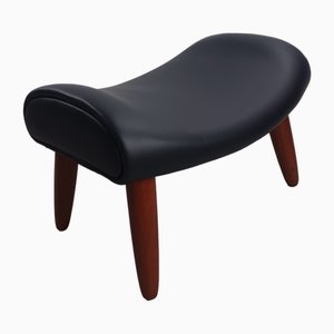 Fully Restored Danish Ottoman in Teak and Black Leather, 1960s