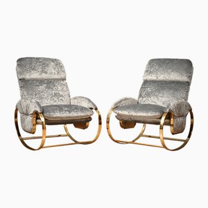 Sedia a dondolo in metallo dorato e velluto grigio di Guido Faleschini, anni '70