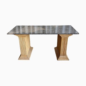 Table Console Vintage avec Plateau en Marbre et Pieds Piédestal en Bambou, 1970s