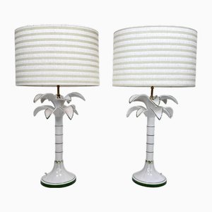 Italian Painted Ceramic and Brass Palm Tree Table Lamps from Tommaso Barbi, 1970s, Set of 2