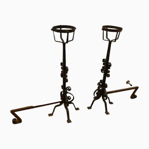 Large French Wrought Iron Fire Dogs, Set of 2