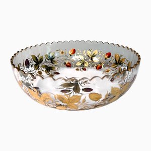 Emaillierte Goofus Glasschale mit Erdbeeren & Vergoldeten Blättern, 1890er