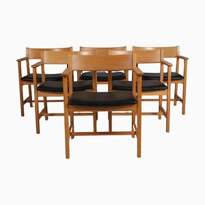 Oak and Leather Armchairs attributed to Børge Mogensen for Fredericia, 1970s, Set of 6